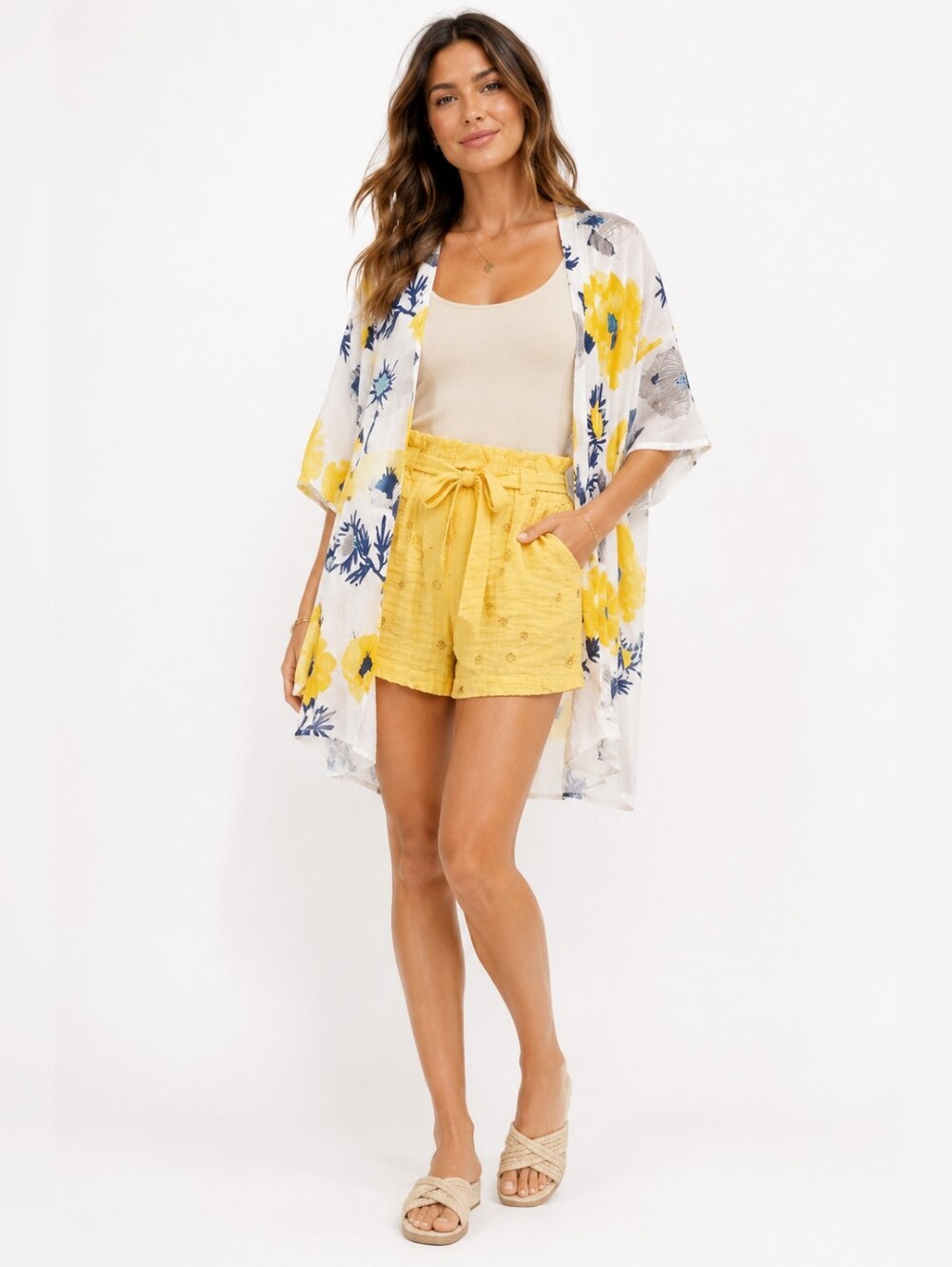 Time and Tru Yellow Gingham Paperbag Shorts and Floral Kimono Set Womens Large